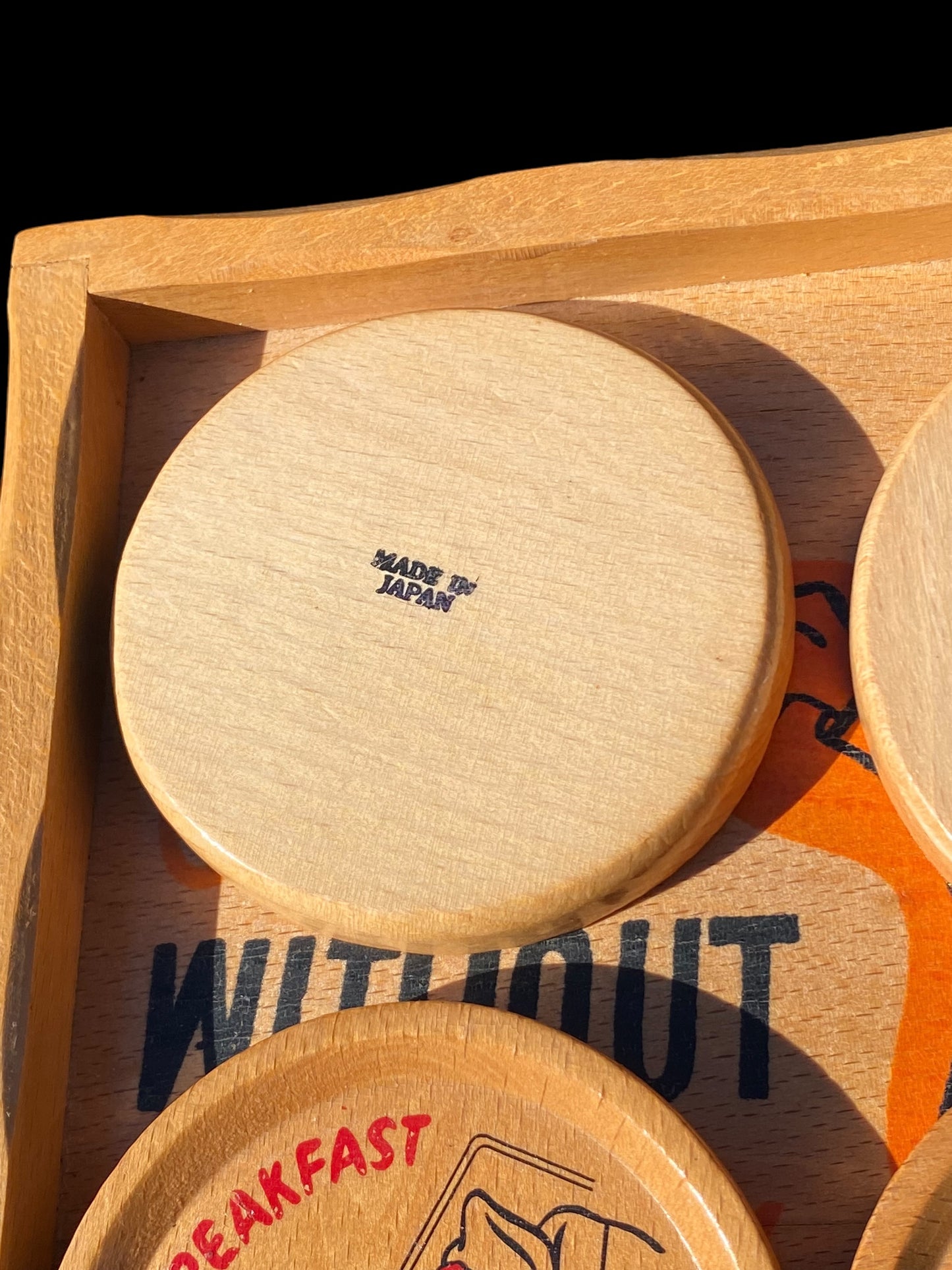 Quirky Vintage 1950s Japanese wooden drinks tray with coasters - A camel can go without a drink...