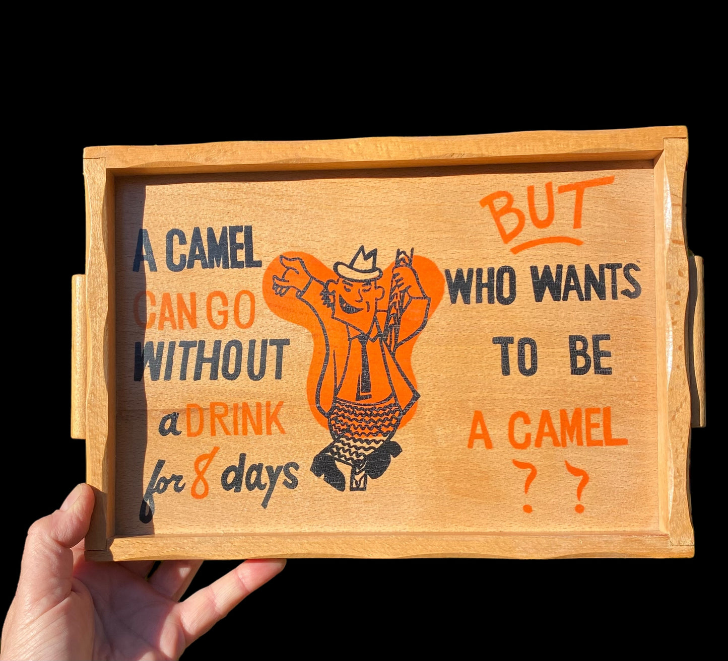 Quirky Vintage 1950s Japanese wooden drinks tray with coasters - A camel can go without a drink...