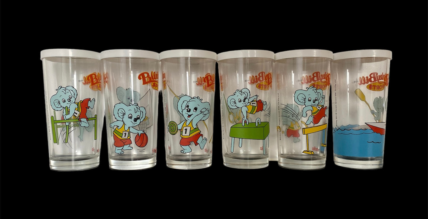 Blinky Bill Koala set of 6 Olympic sports drinking glasses with original lids