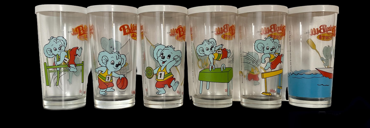 Blinky Bill Koala set of 6 Olympic sports drinking glasses with original lids