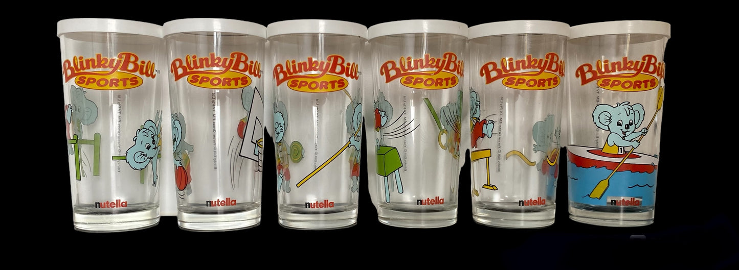 Blinky Bill Koala set of 6 Olympic sports drinking glasses with original lids