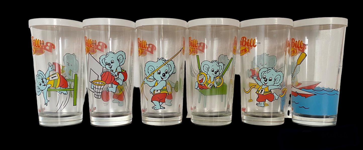 Blinky Bill Koala set of 6 Olympic sports drinking glasses with original lids