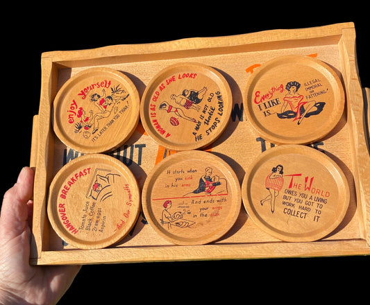 Quirky Vintage 1950s Japanese wooden drinks tray with coasters - A camel can go without a drink...