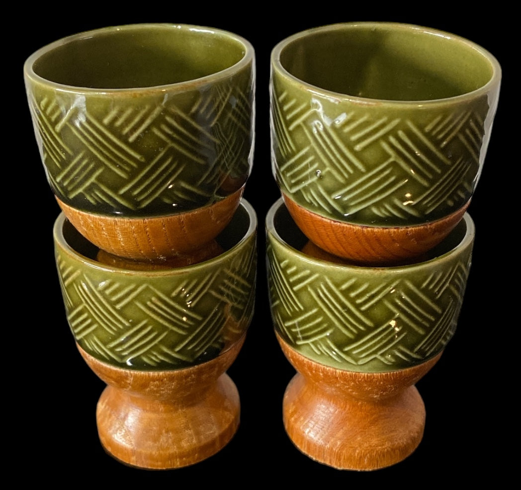 1960s Vintage Japanese ceramic and wood egg cups - set of 4